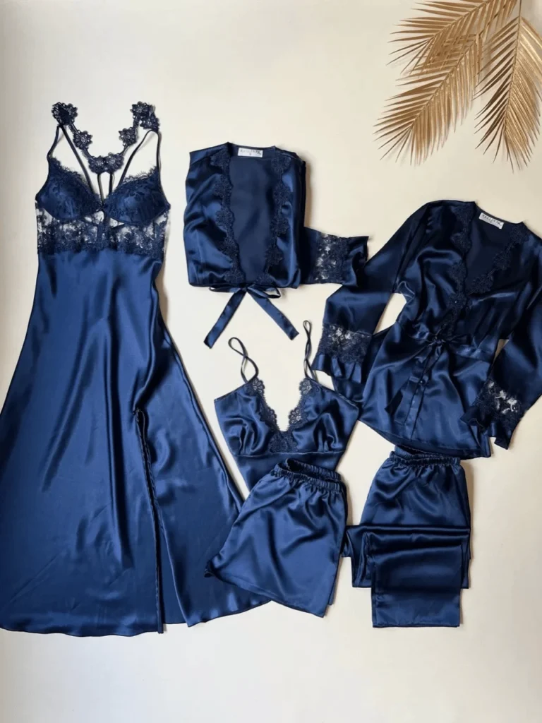 6 pcs long slit silk nighty set in blue