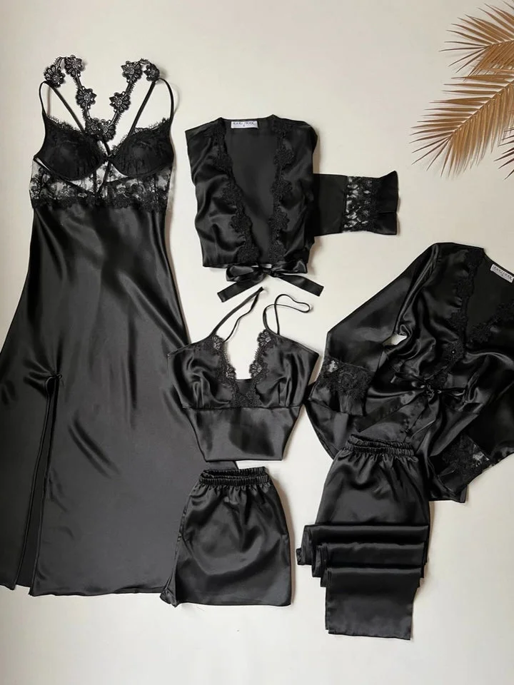 6-Piece Long Slit Silk Nighty Set in Black